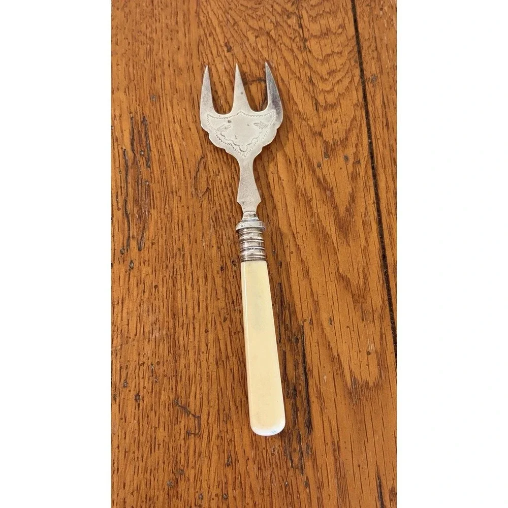 Antique Silverplate Fork 3 Tine Serving Fork Ivory Plastic Handle EPNS